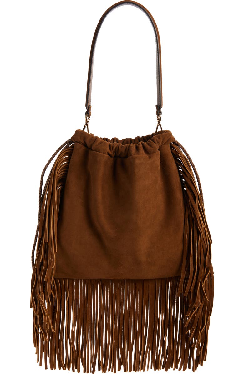 Etro Kalispera Stud & Fringe Suede Shoulder Bag, Alternate, color, Brown