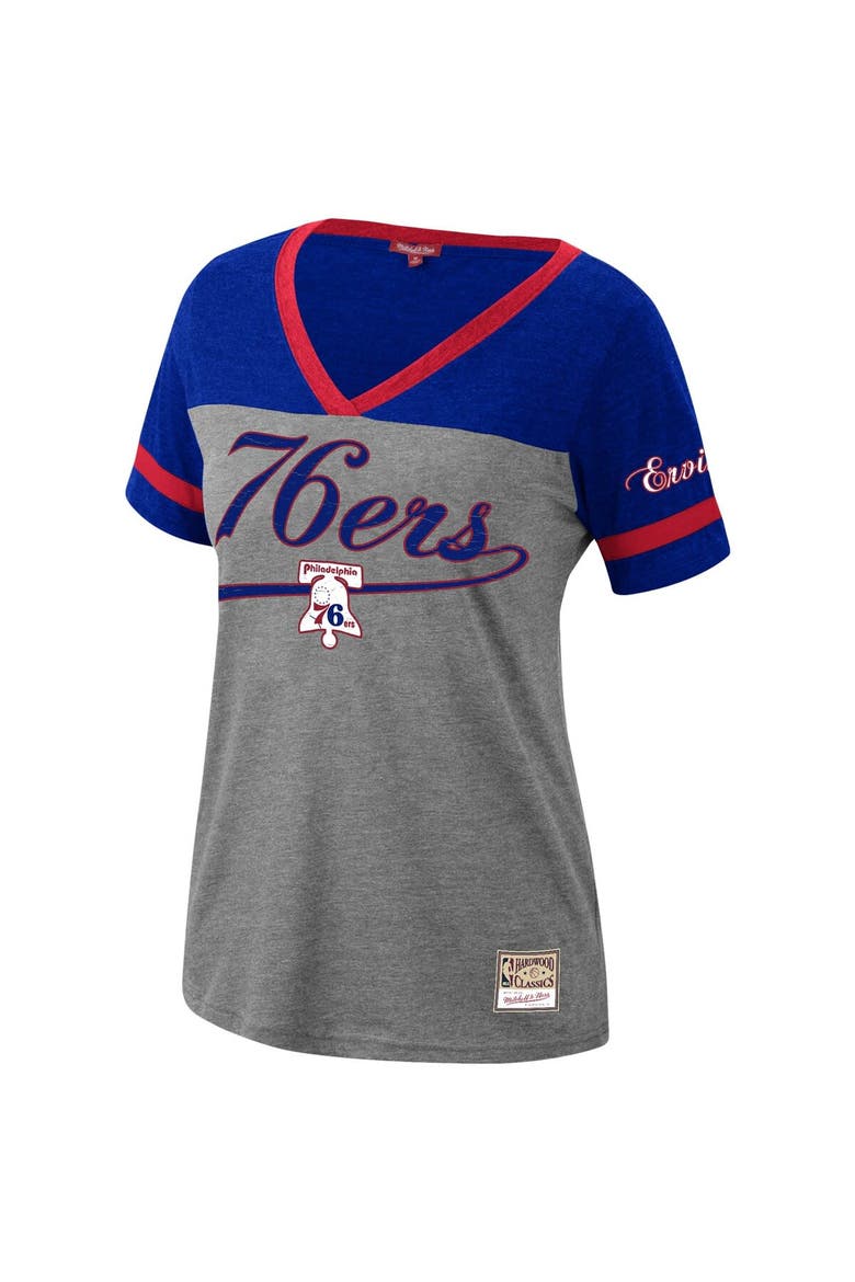 Women's Mitchell & Ness Julius Erving Heathered Charcoal Philadelphia 76ers Team Captain V-Neck T-Shirt, Alternate, color, Heather Charcoal