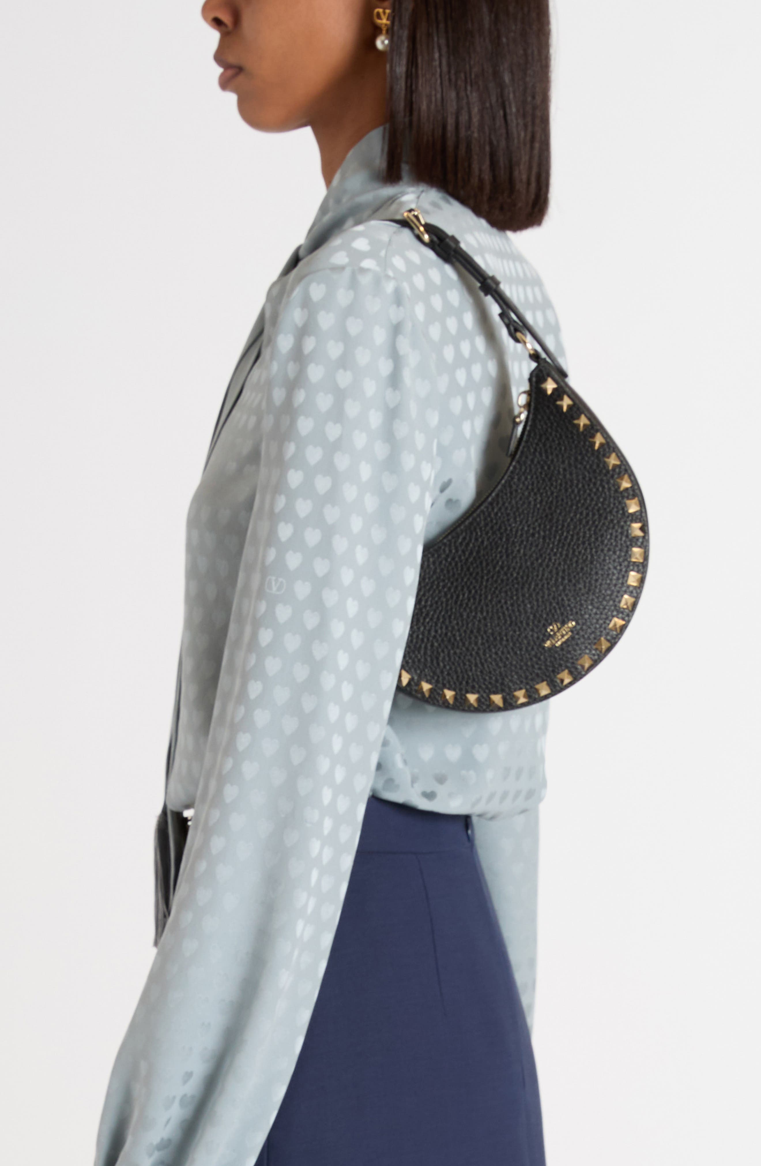 Valentino Garavani Mini Rockstud Leather Hobo Bag, Alternate, color, Nero