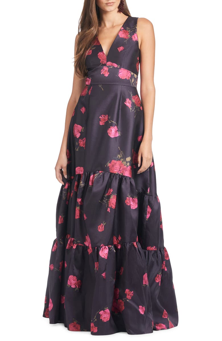 Sachin & Babi Rori Floral Print Tiered Sleeveless Gown, Main, color,