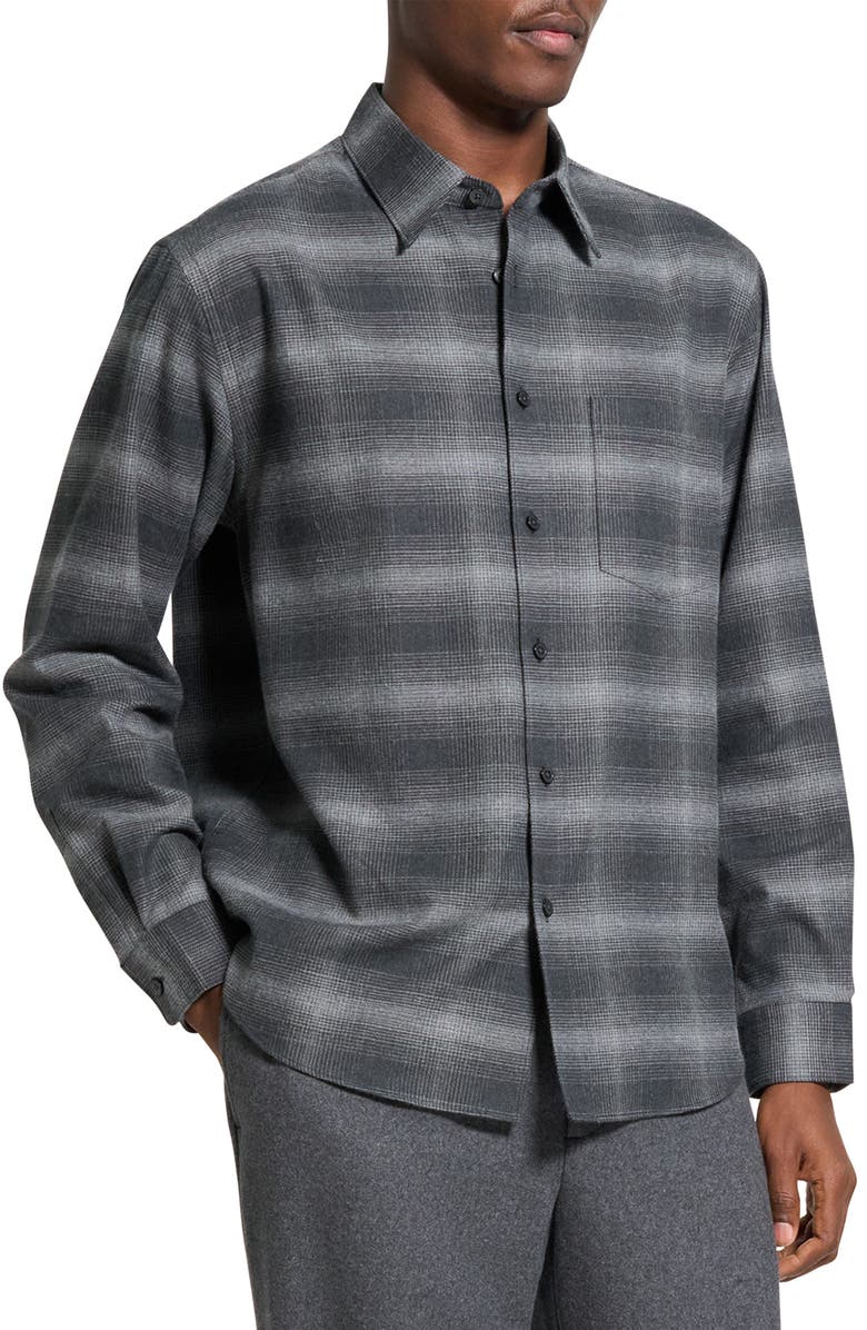 Theory Weekend Gradient Check Brushed Cotton Button-Up Overshirt, Alternate, color, Charcoal Melange Multi - Wx6