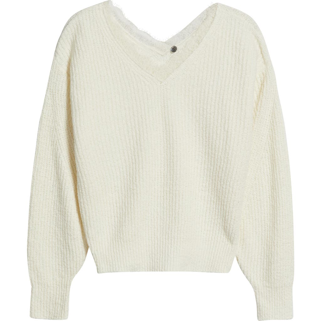 Margaret O'leary Lace Accent Cotton Blend V-neck Sweater In Neutral