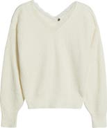 MARGARET O'LEARY Lace Accent Cotton Blend V-Neck Sweater