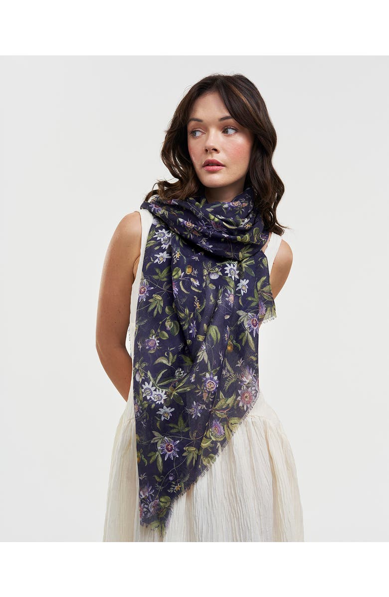 Fable England Passion Flower Lightweight Long Scarf, Alternate, color, Navy