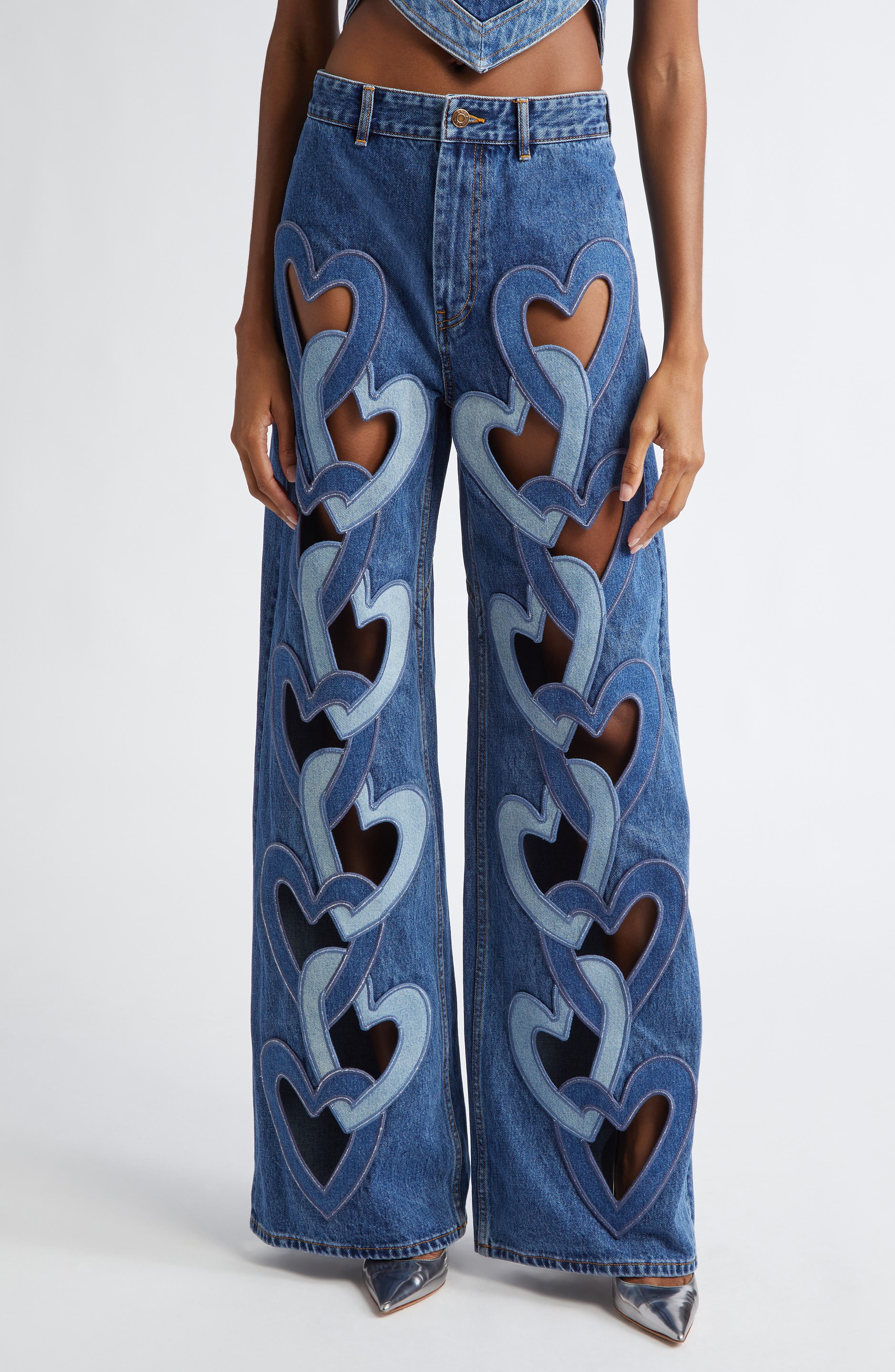 Wide Leg Patchwork Heart Jeans
