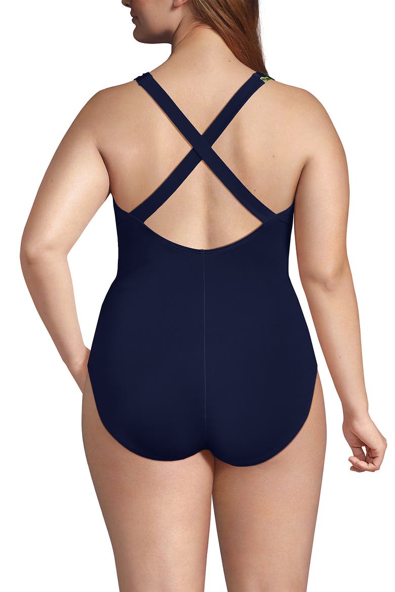 Plus Size Tugless X-Back One Piece Swimsuit, Alternate, color, Deep Sea/Blue Floral Tropic