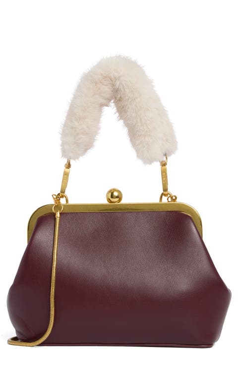 Faux Fur Handle Faux Leather Frame Clutch