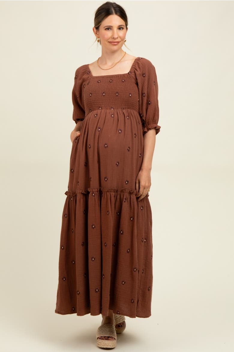 Floral Smocked Puff Sleeve Maxi Dress, Alternate, color, Brown