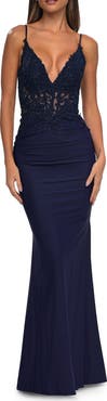 La Femme Illusion Lace V Neck Top with Jersey Skirt Dress
