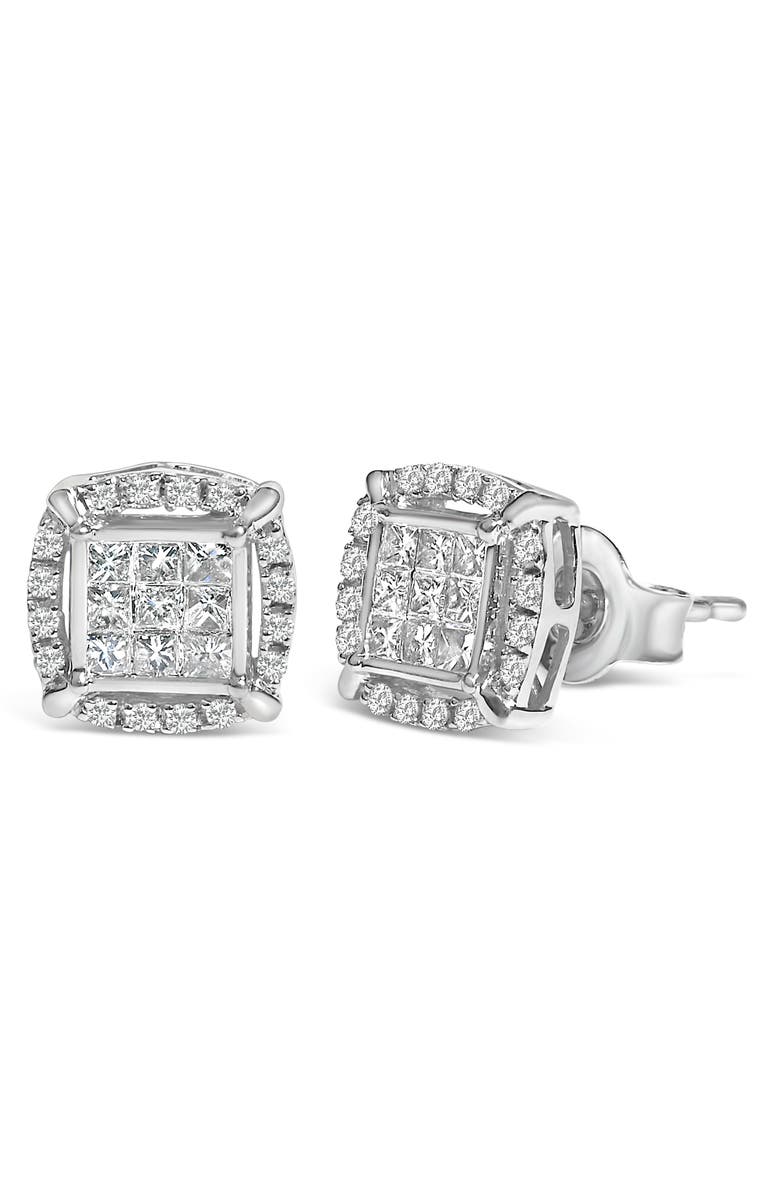 Haus of Brilliance Sterling Silver 1/2 Cttw Princess Cut Diamond Composite and Halo Stud Earrings, Alternate, color, Silver