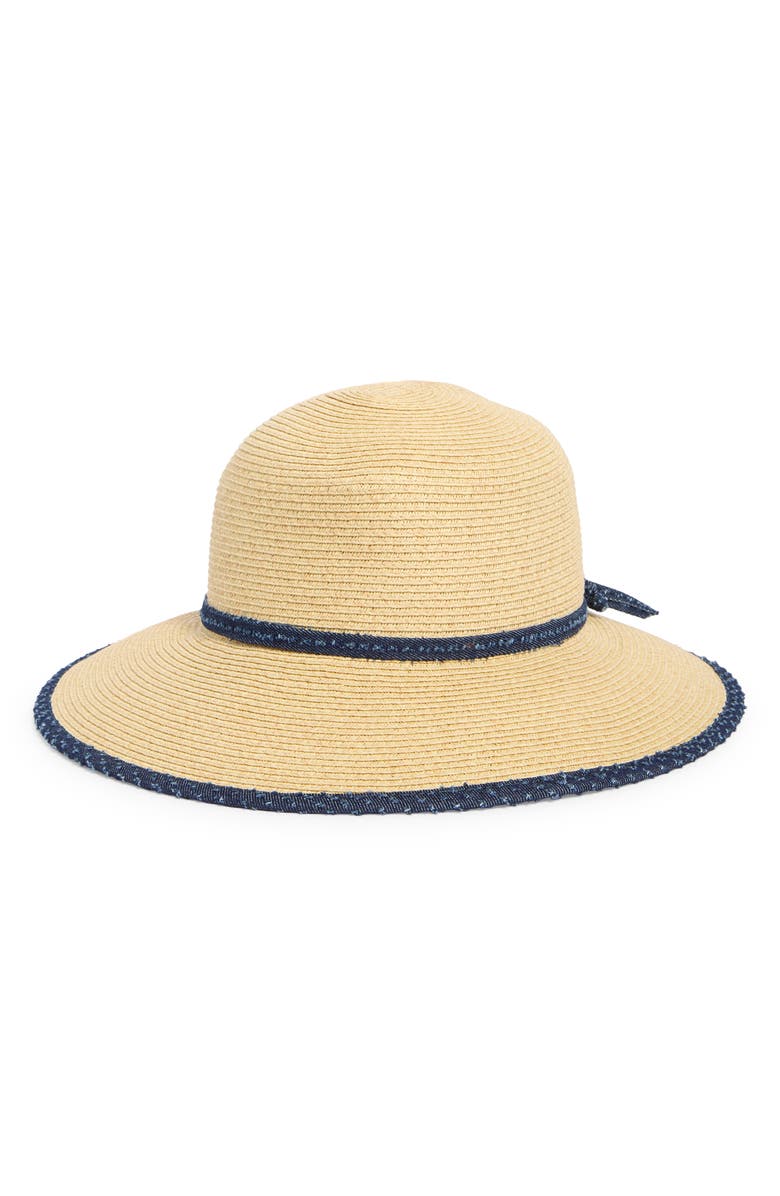 Nine West Denim Bow Straw Hat, Main, color,