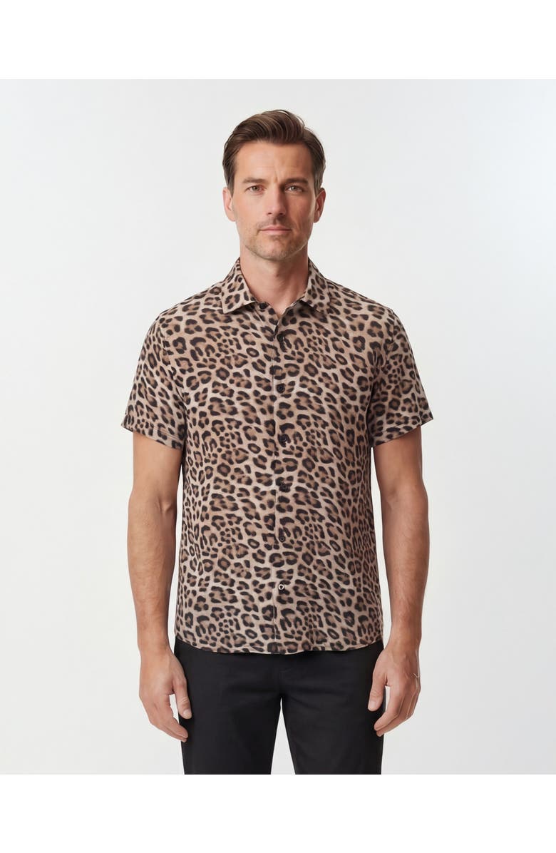 Lords of Harlech Leopard Mens Linen Button-up Shirt, Main, color, Leopard Brown