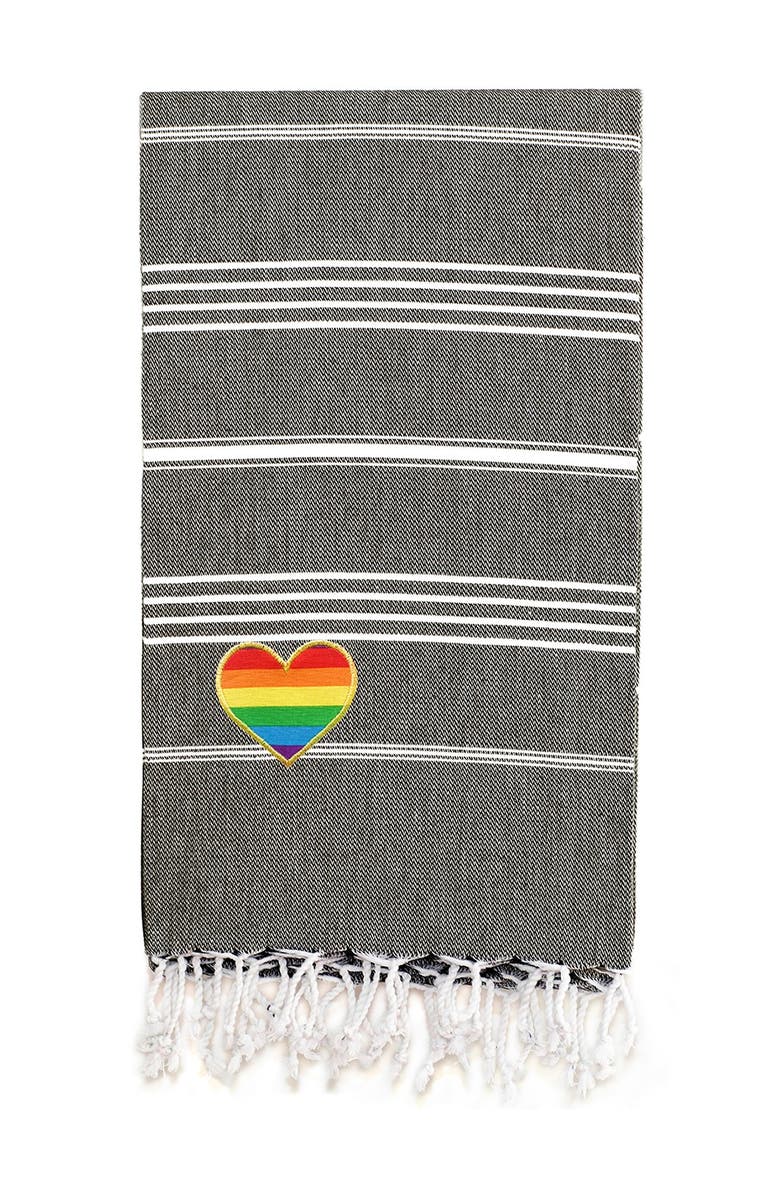 Linum Home Textiles 100% Turkish Cotton Lucky Cheerful Rainbow Heart Pestemal Beach Towel - Black, Main, color,