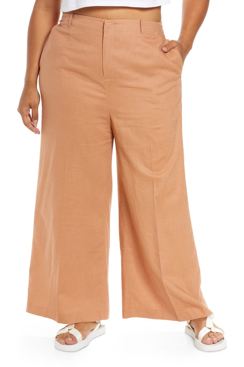 Wide Leg Linen Blend Stovepipe Pants, Main, color, TAN MOCHA
