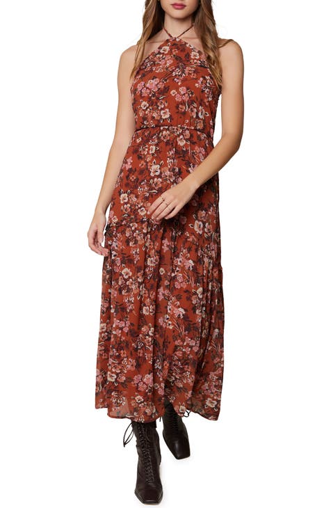 Terracotta Bloom Floral Halter Neck Maxi Dress