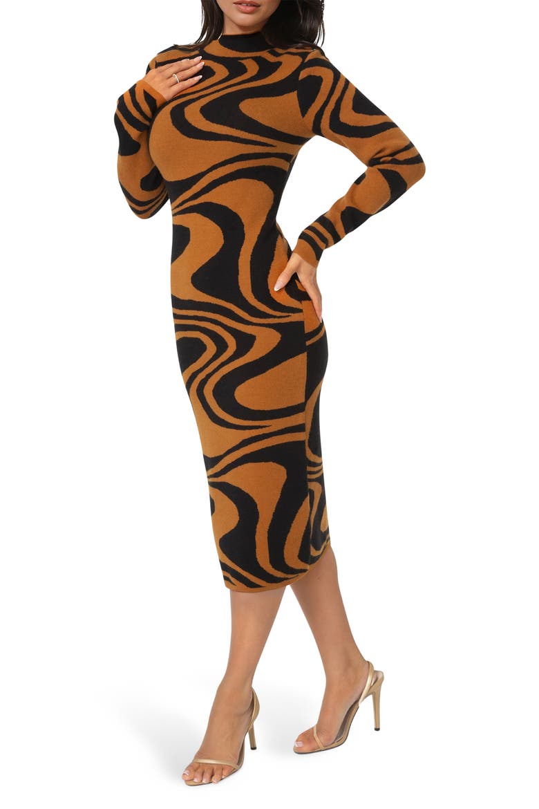 Jacquard Mock Neck Sweater Midi Dress, Alternate, color, BROWN/ BLACK