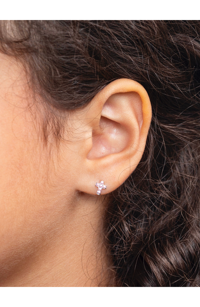 Mia Belle Gilrs Sterling Silver Pink Cross Stud Earrings, Alternate, color, Silver