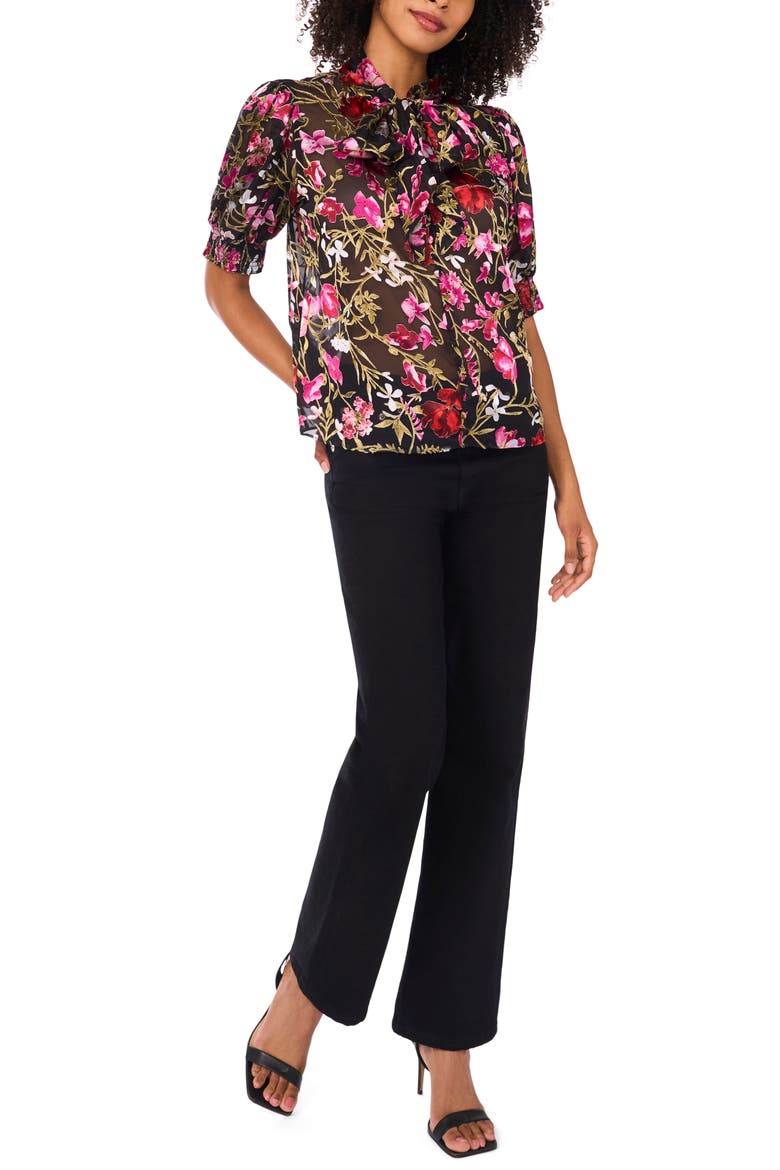 Floral Burnout Puff Sleeve Top, Alternate, color, RICH BLACK