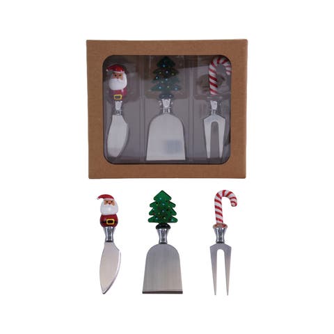 3-Piece Stainless Steel Cheese Knives with Hand-Blown Glass Holiday Icon Handle