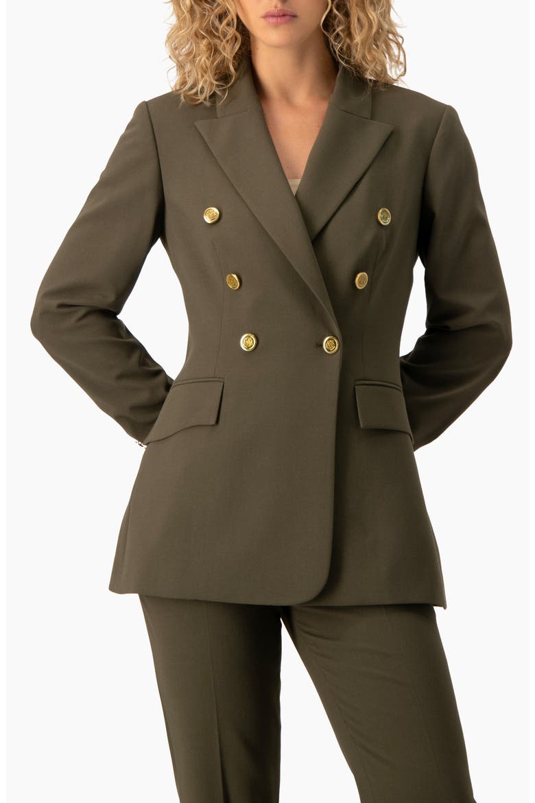 Power Double-Breasted Long-Sleeve Tailored Blazer, Main, color, Olive Green