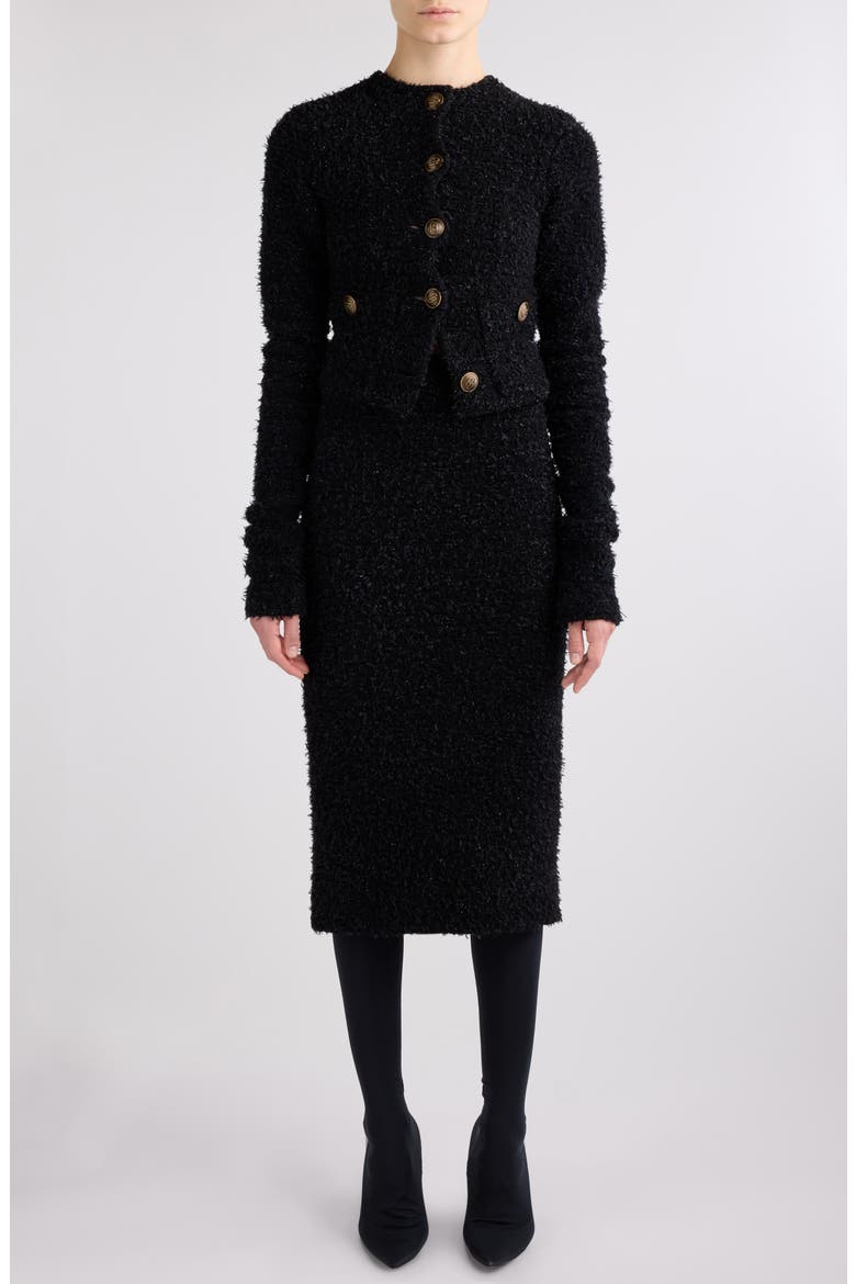 Shimmer Tweed Crop Cardigan, Main, color, BLACK