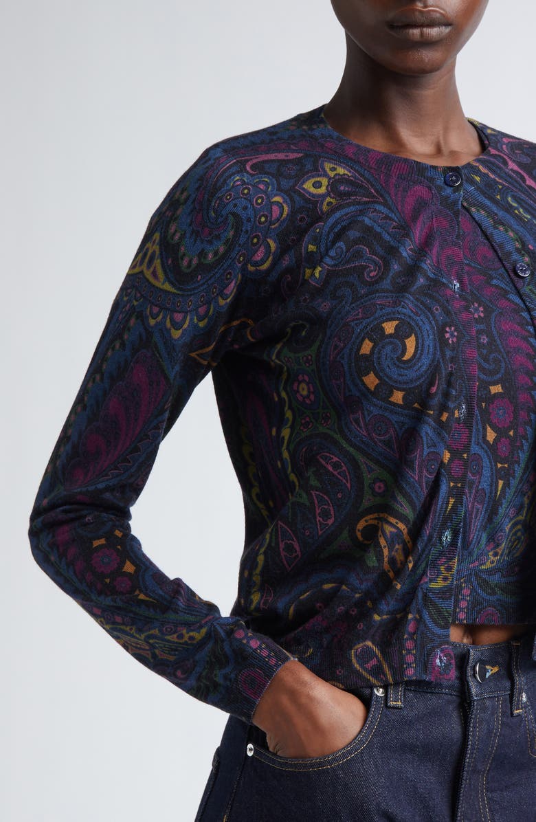 Etro Paisley Silk & Cashmere Cardigan, Alternate, color, Print On Blue Base
