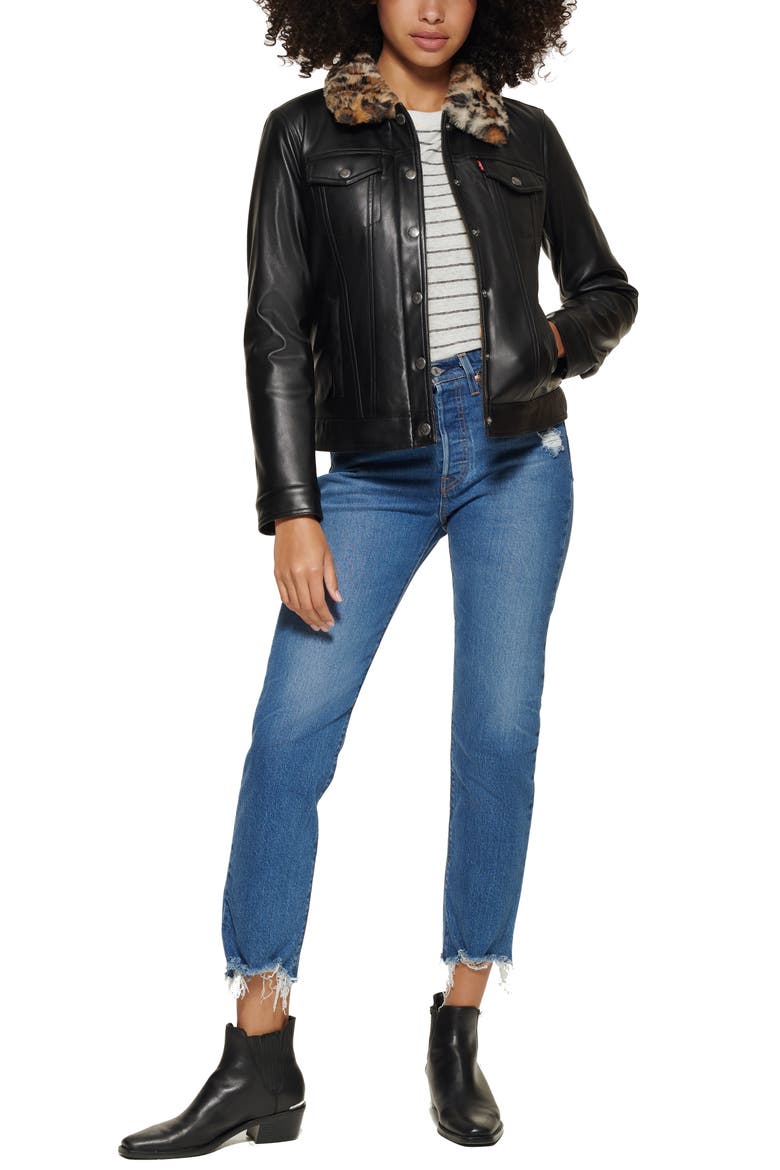 Levi's® Faux Fur Collar Faux Leather Trucker Jacket, Alternate, color, LEOPARD BLACK