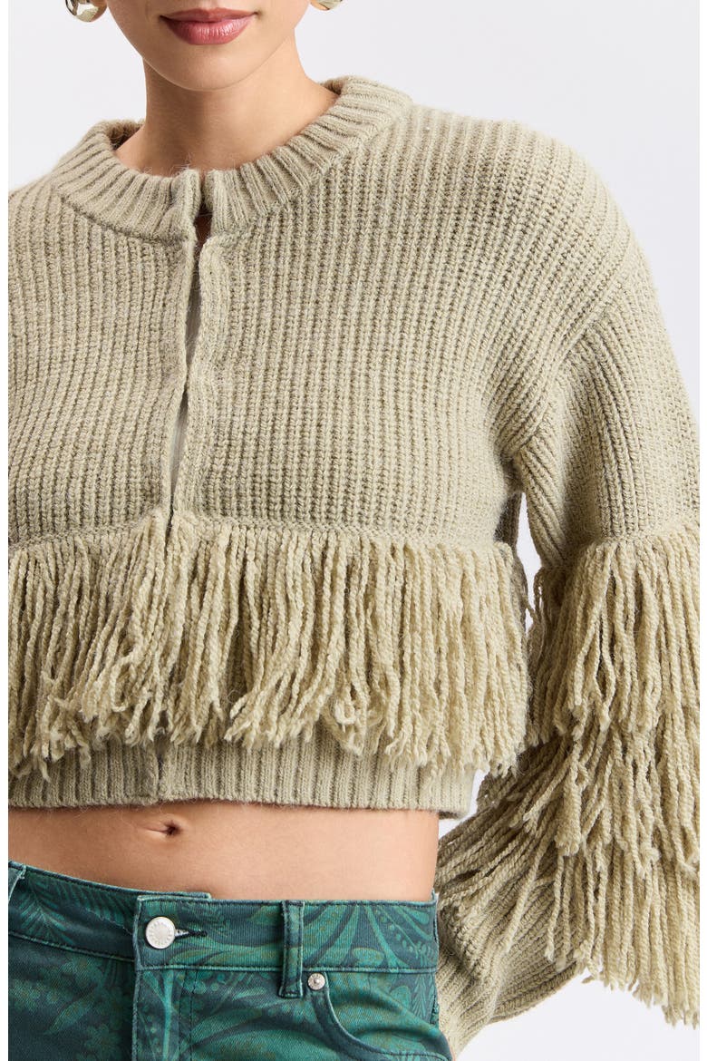 Fringe Cropped Cardigan, Alternate, color, SAGE