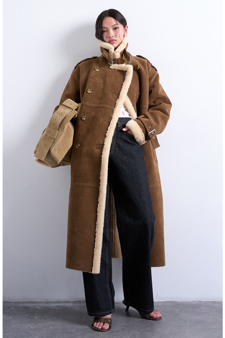 Longline Aviator Faux Shearling Coat, Main, color, BROWN