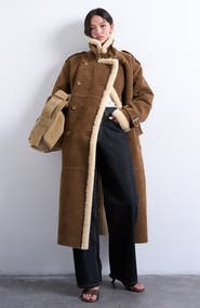 Topshop Longline Aviator Faux Shearling Coat
