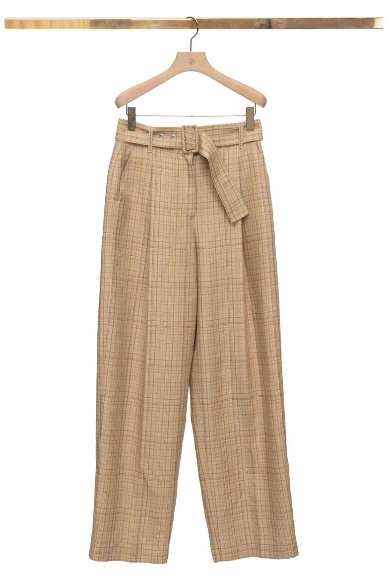 Plaid Belted High Waist Wide Leg Linen Blend Pants, Main, color, KHAKI MULTI