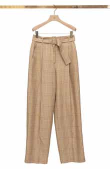 Plaid Belted High Waist Wide Leg Linen Blend Pants