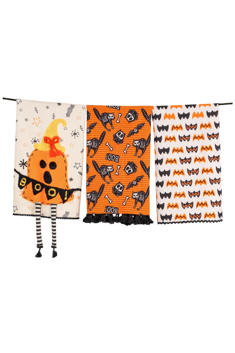 The Spooky Sweet Treats Set of 3 Cotton Kitchen Towels, Main, color, ORANGE/ BLACK