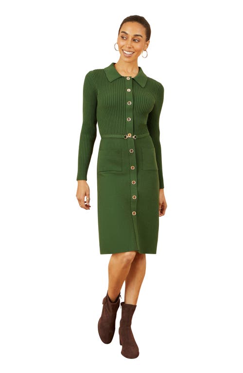 Yumi Belted Rib Knit Midi Dress With Pockets In Green