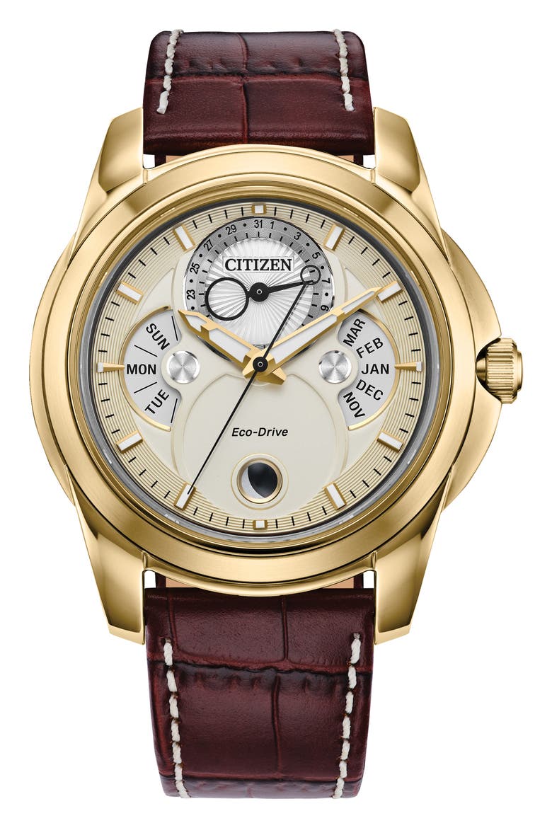 Calendrier Leather Strap Watch, 41.8mm, Main, color, BROWN