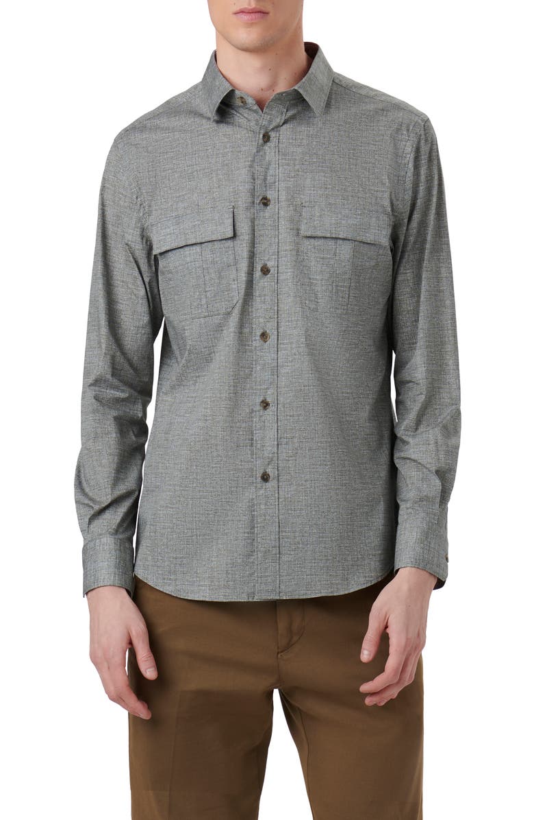 Bugatchi Jasper Shaped Fit Heather Stretch Chambray Button-Up Shirt, Main, color, Khaki