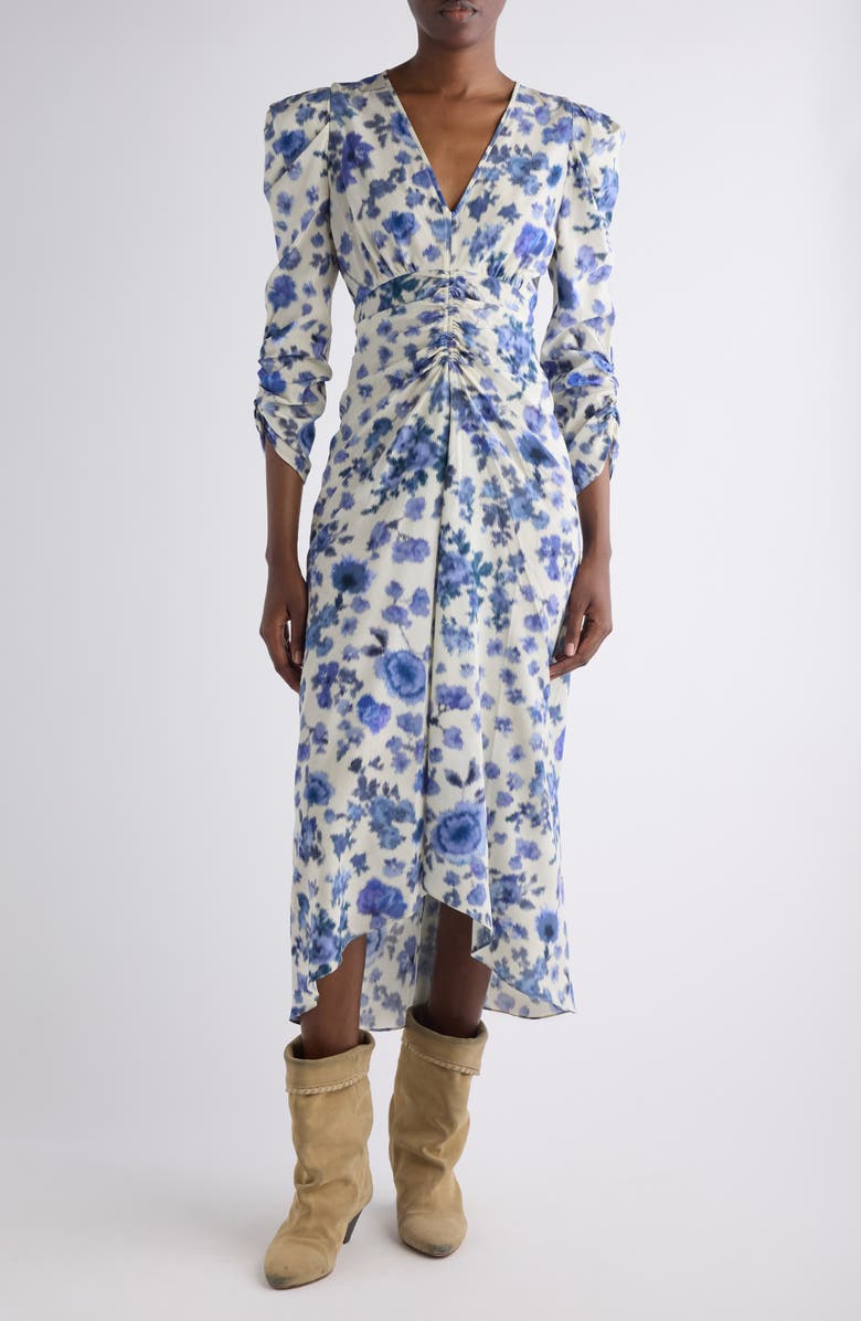 Isabel Marant Albini Print Ruched Sleeve Stretch Silk Dress, Main, color, Blue