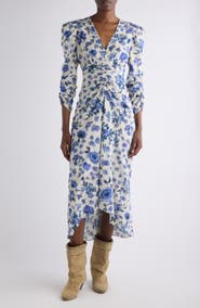 Isabel Marant Albini Print Ruched Sleeve Stretch Silk Dress