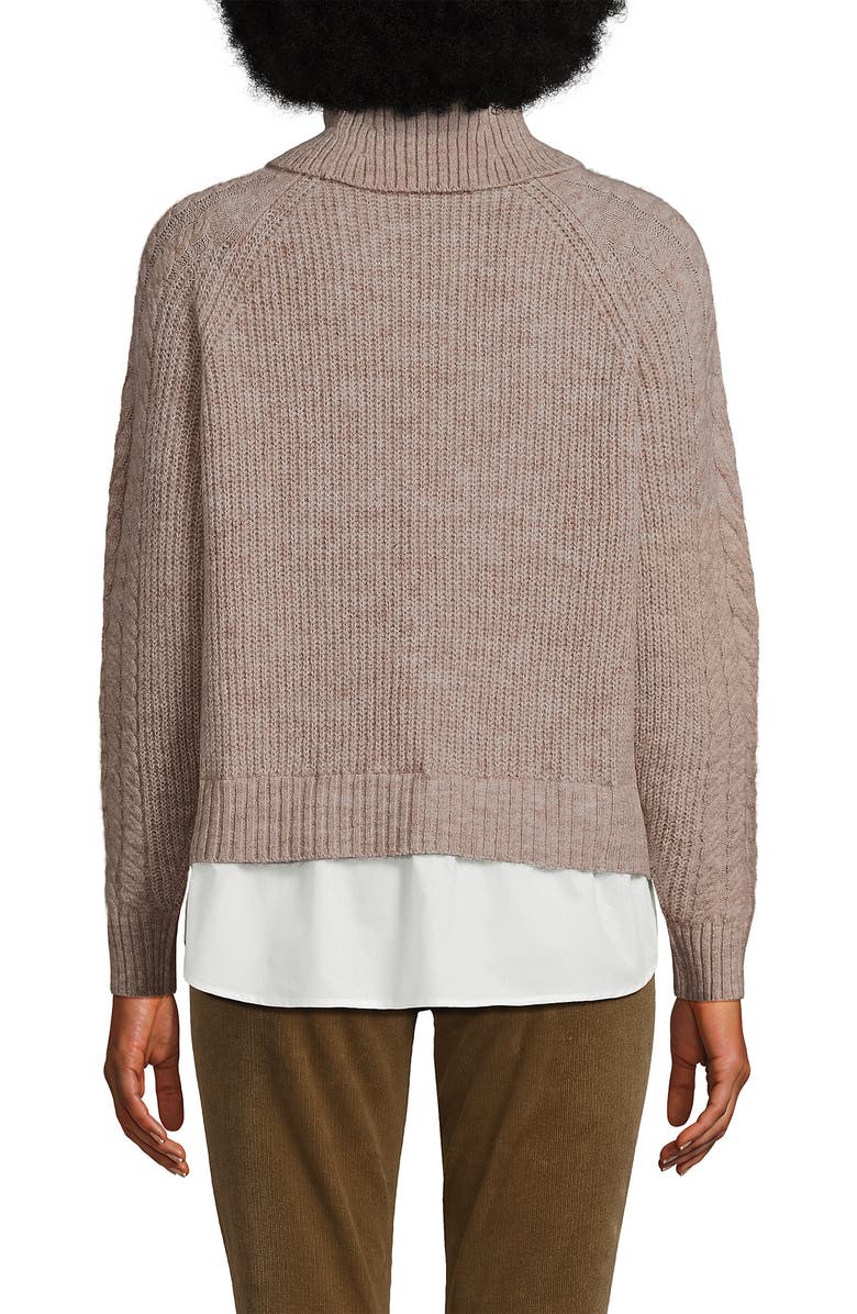 Lands' End Cable Turtleneck with Mock Shirt Detail Sweater, Alternate, color, 