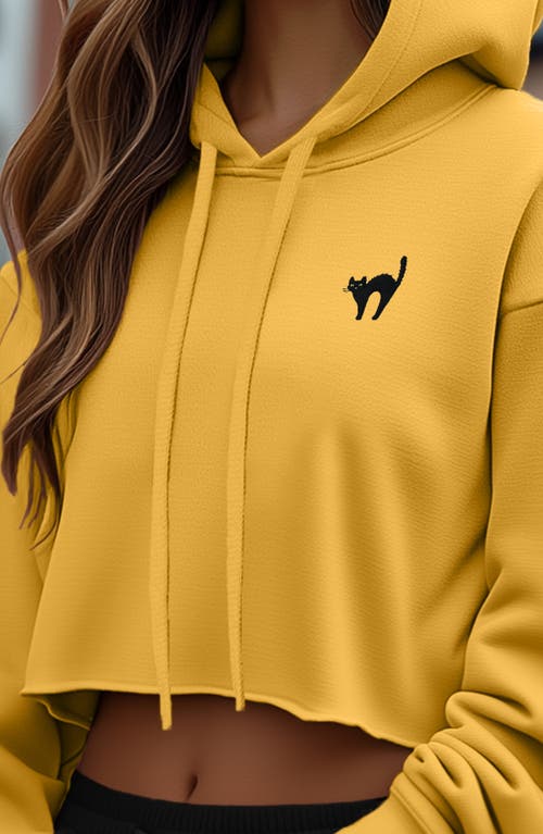 Dalix Black Cat Cropped Fleece Hoodie In Heather Mustard