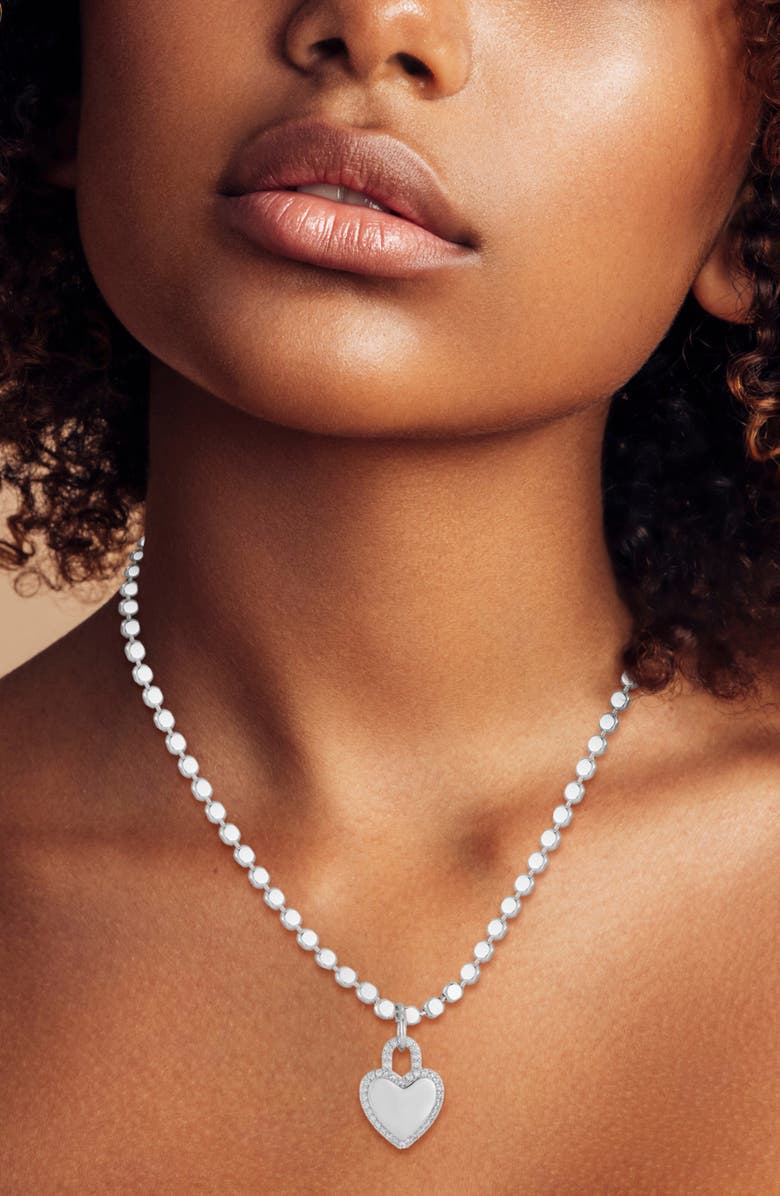 GLAZE JEWELRY Pavé Cubic Zirconia Heart Lock Pendant Necklace, Alternate, color, Silver