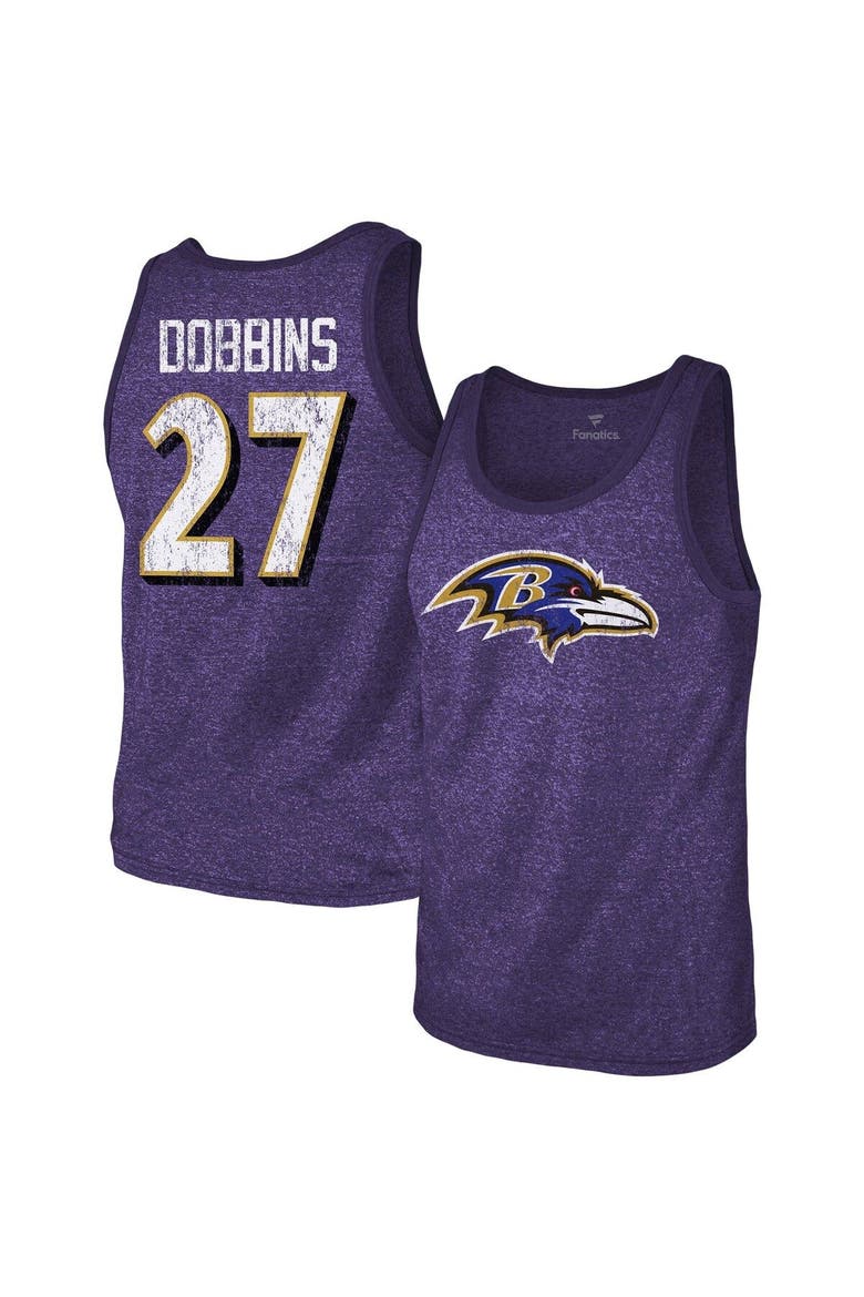Men's Majestic Threads J.K. Dobbins Heathered Purple Baltimore Ravens Name & Number Tri-Blend Tank Top, Main, color, Purple