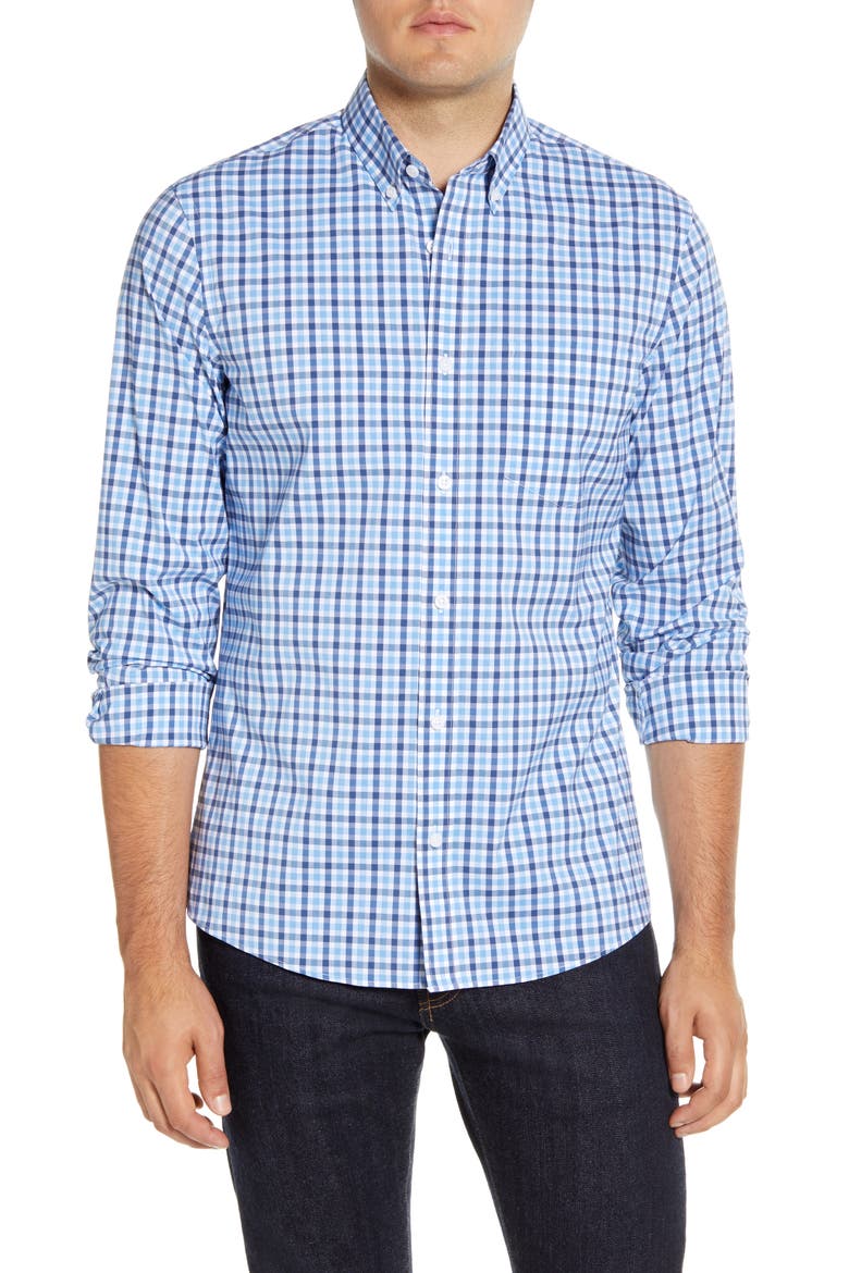 Tech-Smart Trim Fit Check Button-Down Sport Shirt, Main, color, BLUE RAIN CHECK