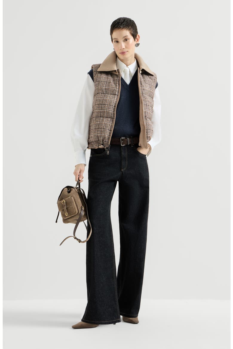 Twill and Prince of Wales reversible down vest with detchable leather collar and monili, Alternate, color, Camel