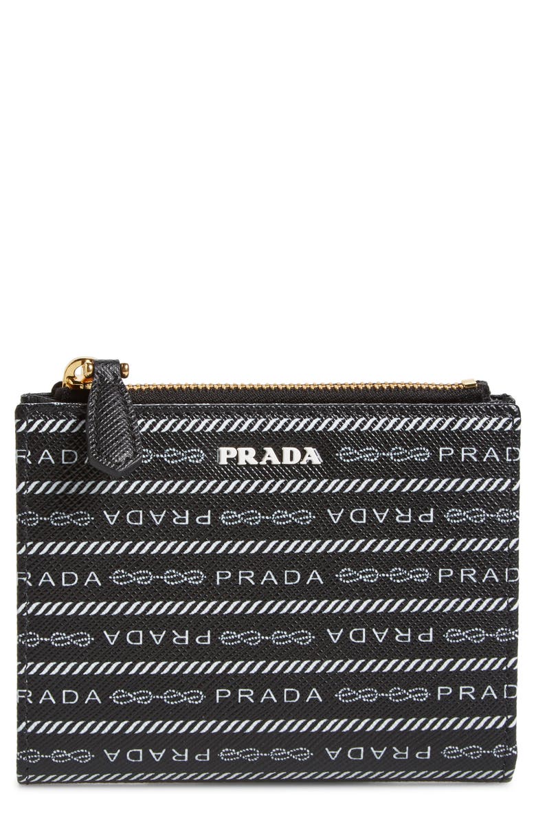 Prada Logo Print Leather French Wallet, Main, color, 
