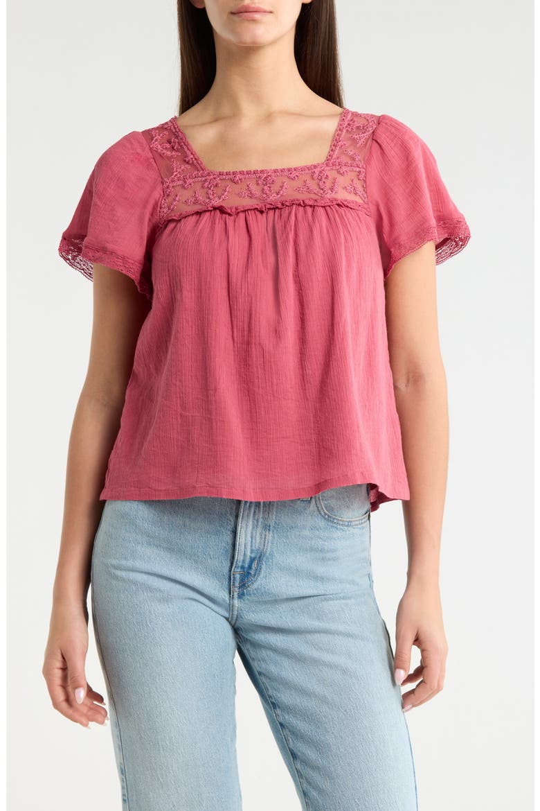 Lace Mesh Detail Square Neck Cotton Top, Main, color, ROSE WINE
