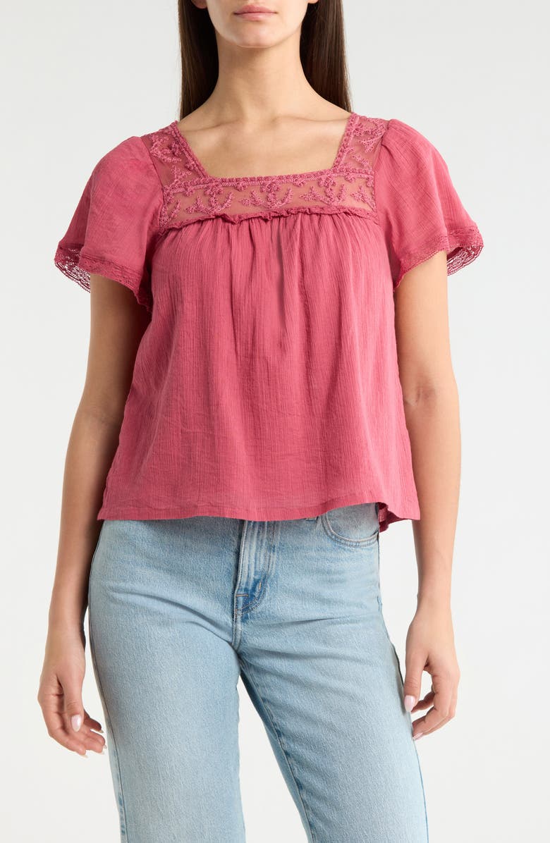 Lucky Brand Lace Mesh Detail Square Neck Cotton Top, Main, color, Rose Wine