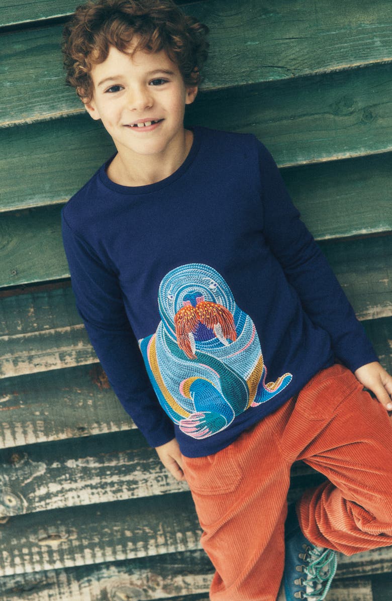 Boden Kids' Superstitch Long Sleeve Cotton T-Shirt, Alternate, color, College Navy Walrus