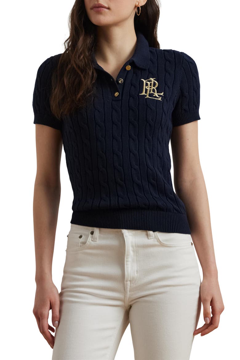 Cable Stitch Polo Sweater, Main, color, LAUREN NAVY