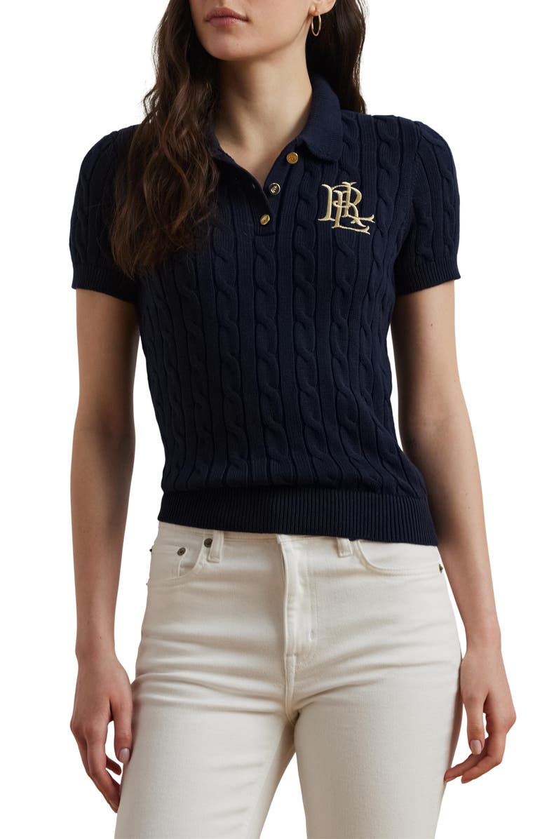 Lauren Ralph Lauren Cable Knit Cotton Polo Sweater, Main, color, Lauren Nav